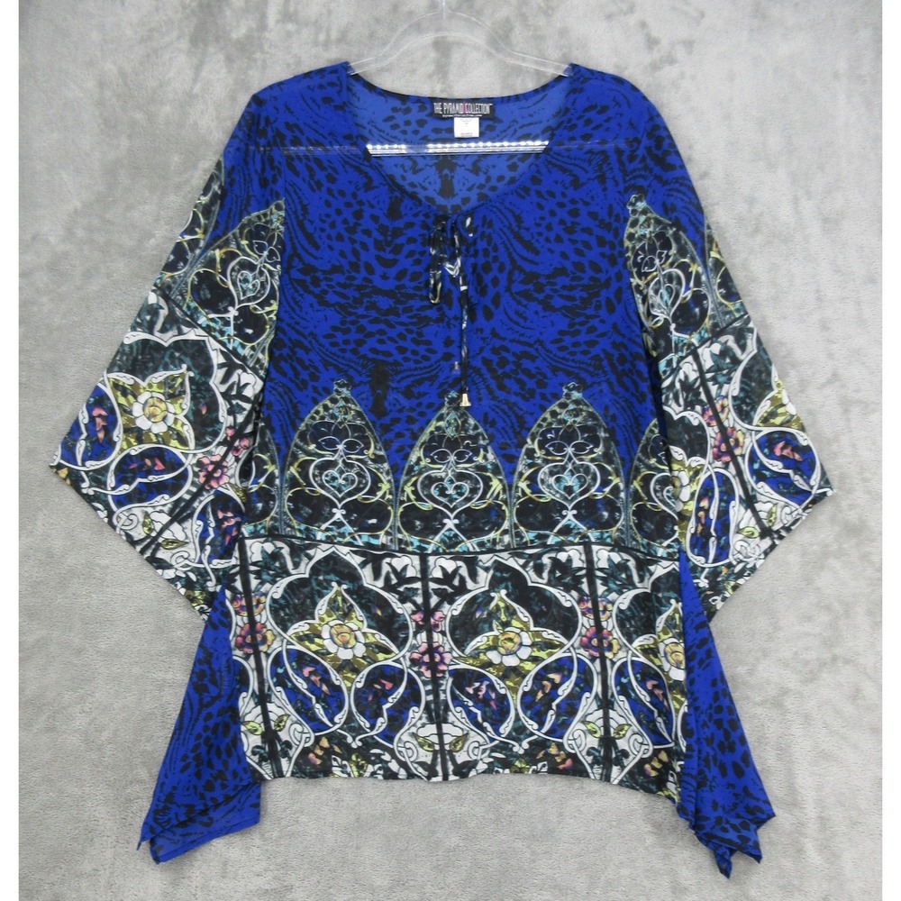 The Pyramid Collection Top Womens Size M Animal Print Asymmetric Boho Sheer Blue